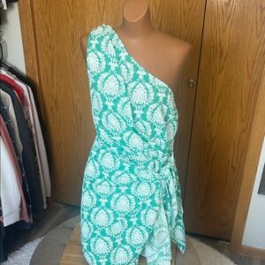 SHEIN Teal and White One-Shoulder Wrap Dress